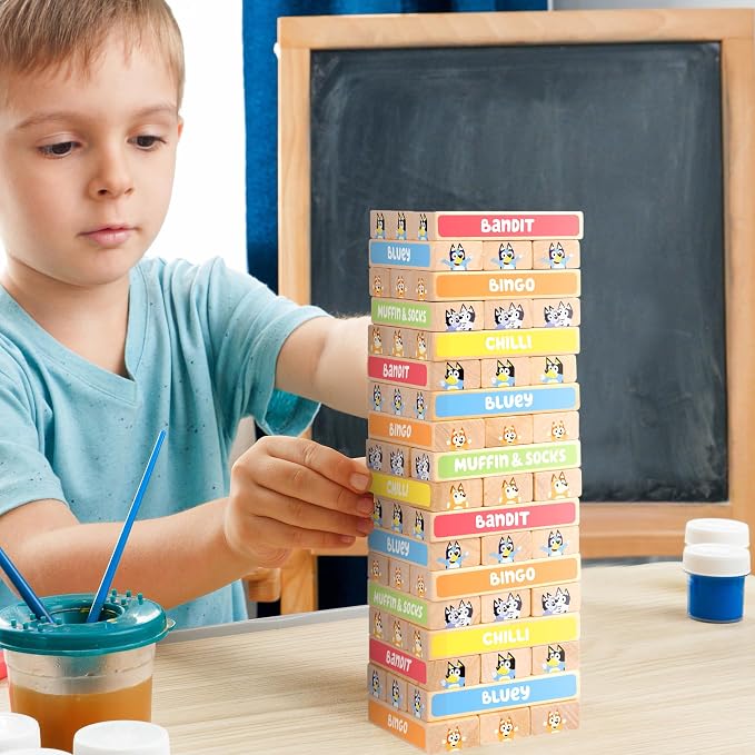 Bluey Tumbling Tower Game, 54 Illustrated Wooden Blocks, Ages 3+