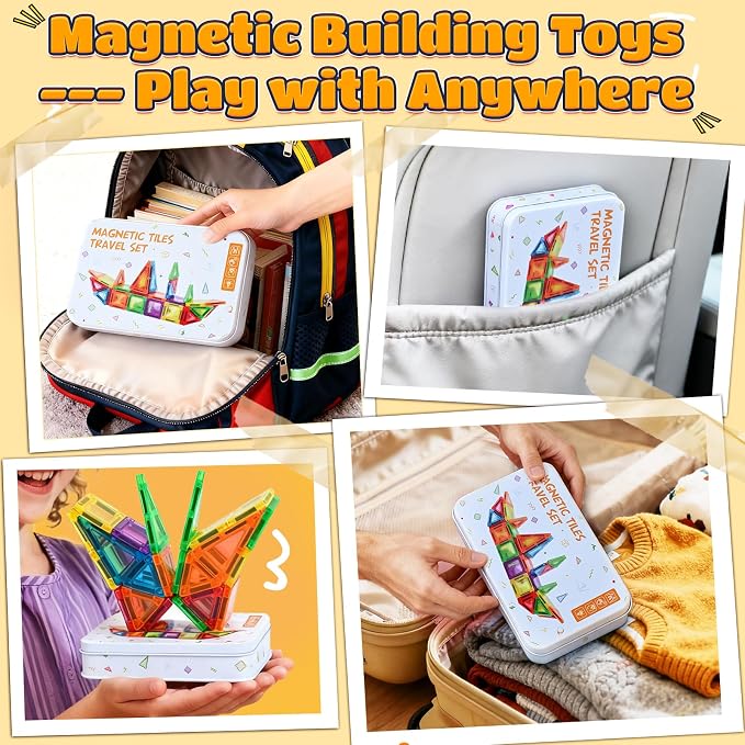 MAGBLOCK 48PCS Mini Magnetic Tiles with Storage Box for Kids 3+ | Travel Size Toys Magnetic Building Blocks Set, STEM Sensory Montessori Toys for Road Trip Essentials Airplane Car Activities
