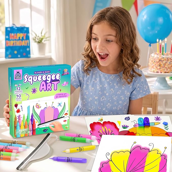 Squeegee Colour Squeeze Art Kit for Kids 4-8 - Blooms & Bugs Themed | Screen-Free Activity, Kids Painting Set with Bug Stickers, Great Birthday Gift for Creative Expression & Color Exploration