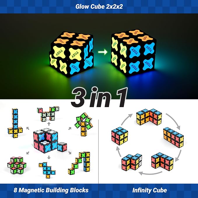 TOSY Magnet Cube 2x2 - 8 Blocks, 2 in 1 Toy: 2x2x2 Puzzle Cube and Customizable Infinity Cube, Glowing, UV Flashlight, Fidget/Sensory/STEM/STEAM Magnet Tiles Birthday Gift for Kids/Teens/Adults