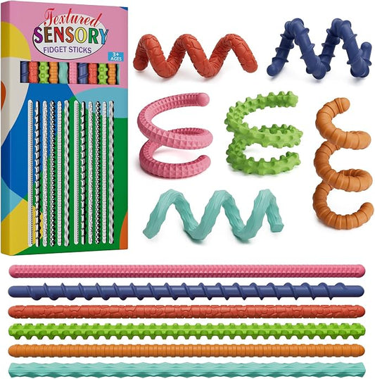 Sensory Fidget Toys for Kids Adults,12PCS Flexible Fidget Sticks for Stress Anxiety Autistic ADHD, Calm Down Travel Airplane Classroom Students Prizes Toys, Stocking Stuffers for Teens Boys Girls