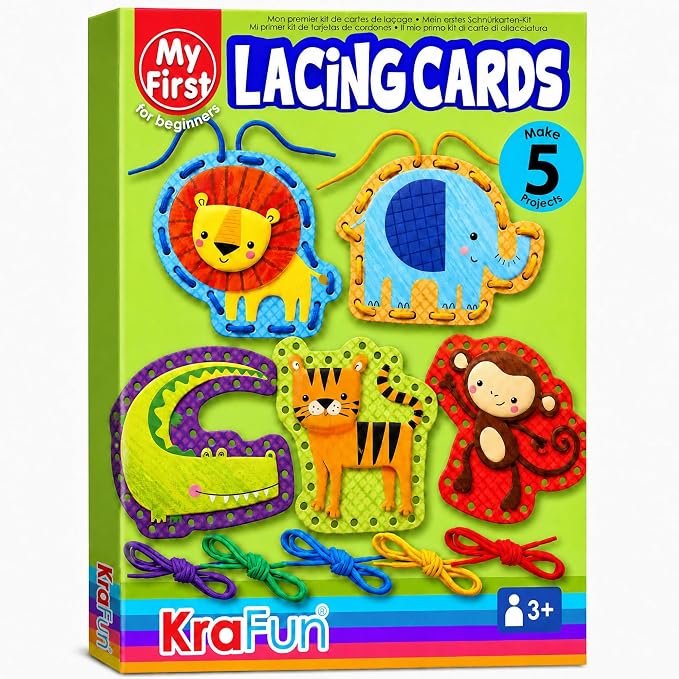 KRAFUN Safari Animal Beginner Lacing Cards Age 3+ | 5 Projects | 5 safari cards: Lion, Monkey, Elephant, Tiger & Crocodile. Builds fine motor skills. Beginner activity ages 3+