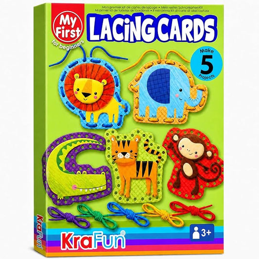 KRAFUN Safari Animal Beginner Lacing Cards Age 3+ | 5 Projects | 5 safari cards: Lion, Monkey, Elephant, Tiger & Crocodile. Builds fine motor skills. Beginner activity ages 3+