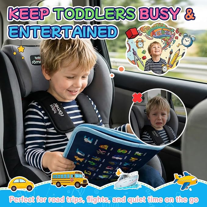 Montessori Busy Board for Toddlers, 8 Pages 30+ Activities Sensory Toy, Toddler Learning Toys with ABC Numbers Shapes, Travel Toy, Preschool Educational Gift for Boys Girls, Blue Dinosaur