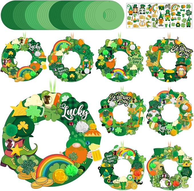Hollowfly 48 Sets St. Patrick's Day Wreath Craft Kits | 8 Shamrock and Leprechaun Designs, 5.91 in Paper Wreaths with Pom-Poms and Stickers, Crafts for Home, Classroom and Parties