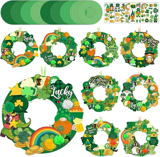 Hollowfly 48 Sets St. Patrick's Day Wreath Craft Kits | 8 Shamrock and Leprechaun Designs, 5.91 in Paper Wreaths with Pom-Poms and Stickers, Crafts for Home, Classroom and Parties