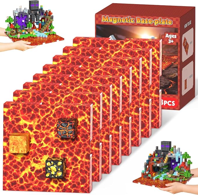 8PCS 4" x 4" Magnetic Building Block Base Plates for Kids, Strong Grip Magnetic Tiles Base Compatible with Most Popular Magnetic Blocks & Cubes, STEM Educational Toys for Boys Girls Ages 3+ (Lava)