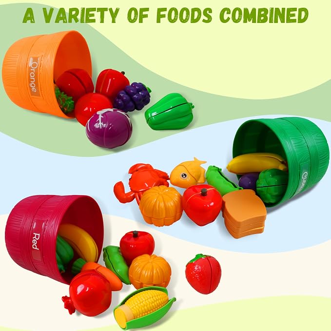 Play Food Sets for Kids Kitchen - Learning Toy Color Sorting | Cutting Toy Food - Safe ABS Materials, Play Food for Toddlers 1-3, Great Gifts for 3-8 Years Old Boys & Girls