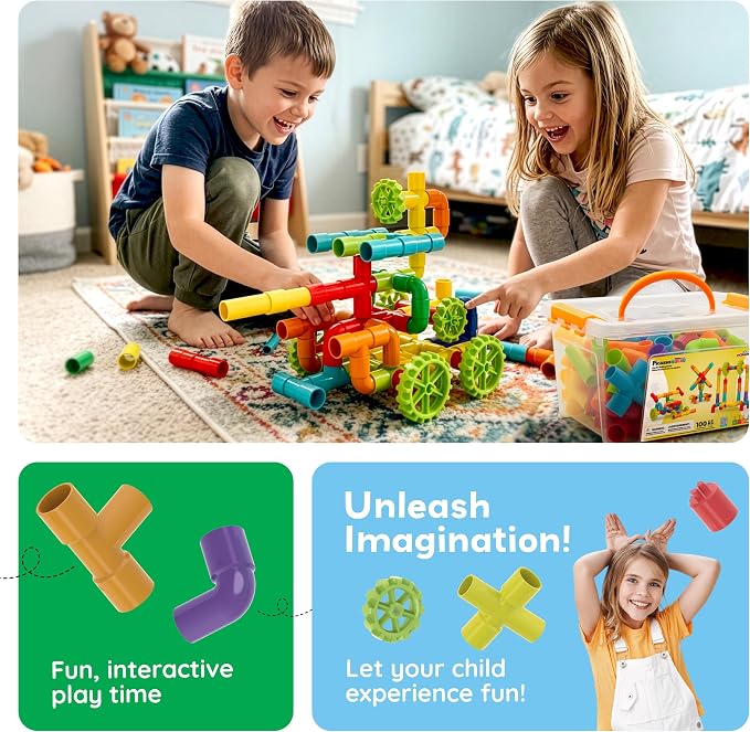 PicassoTiles 100PCS STEM Pipe Building Playset Interlocking Tube Construction Toy with Wheels and Clear Storage Box Educational Learning Toys for Preschool Montessori Kids Age 3+ Boys and Girls PTT139