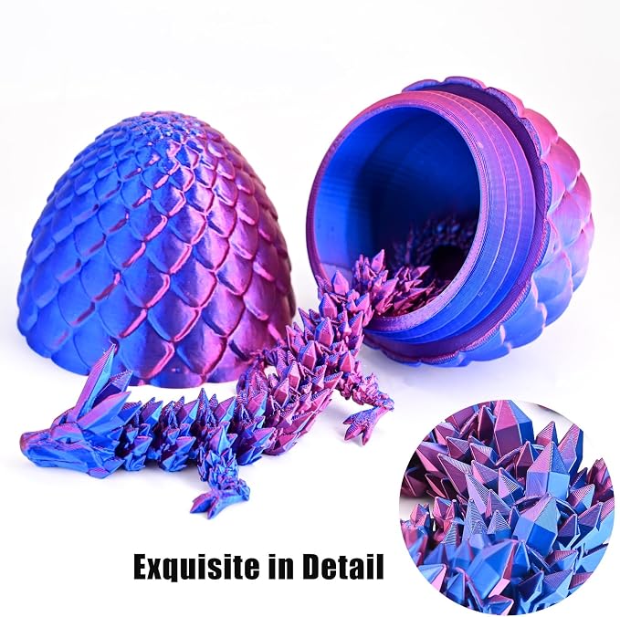 12" 3D Printed Dragon Eggs with Dragon, Articulated 3D Fidget Toys for Kids | Crystal 3D Dragon Toys for Boys Girls, Small 3d Printed Animals, Dino Dinosaur Eggs Toys, Easter Basket Stuffers（Red Blue）