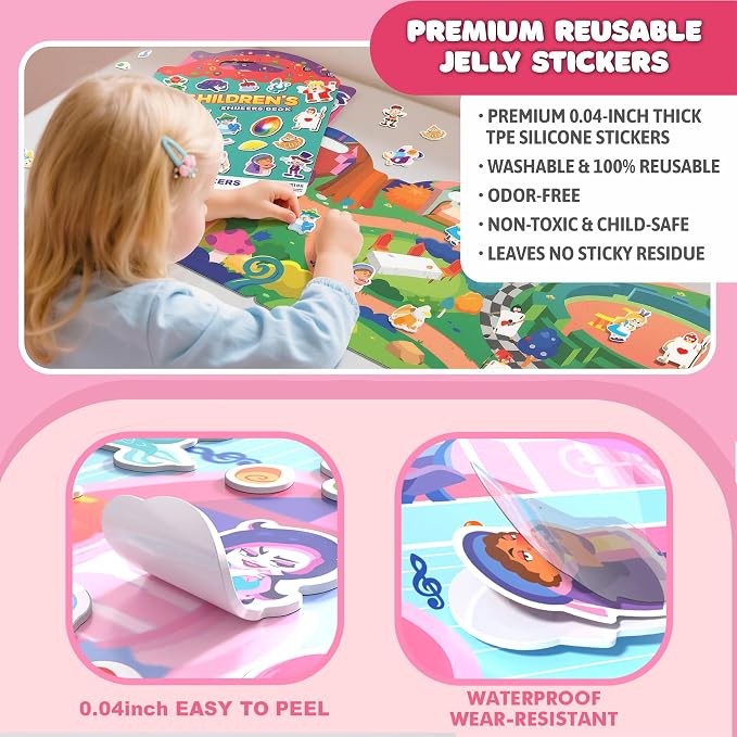 Premium Reusable Jelly Sticker Book Set for Toddlers & Kids – 3 Pack Collection with Castle, Mermaid & Children's Scenes | Washable Silicone Stickers | Screen-Free Travel Activity