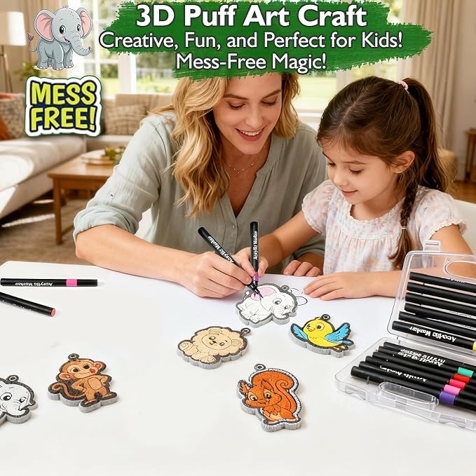 Magic Puffs 3D Art Craft, Jungle & Forest Animals Crafts for Kids, DIY Foam Texture Painting & Inflate Activity – Easy, Fun, Mess-Free, Christmas Birthday Gift for Girls & Boys Age 4 5 6 7 8 9 10