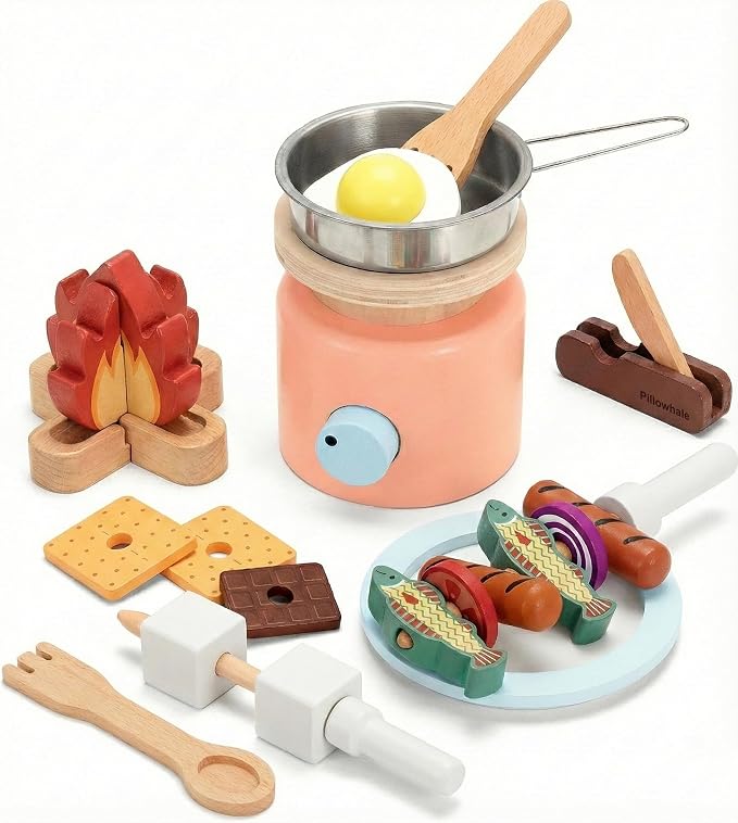 Pillowhale Wooden Campfire Playset – 25-Piece Kids S’Mores & Grill Pretend Camping Kitchen Toy, Glow-Look Fire, Skewers, Pan & Food, STEM Screen-Free Outdoor BBQ Gift for Boys & Girls Age 3+