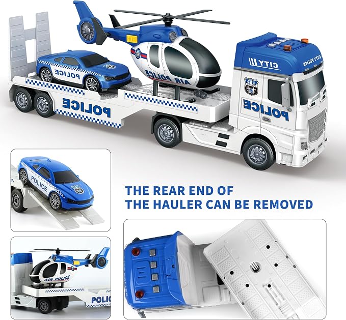 Dwi Dowellin Toddler Boy Toys for 3 4 5 6 Year Old, 25" Semi Truck Toy with Racing Car and Helicopter - Police Toys,Birthday Gifts for Kids Child 2 3 4 5 6 Years Old