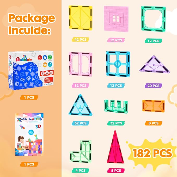 Anbalulu 182PCS Magnetic Tiles, Large Castle Building Blocks for Kids | Supersized STEM Construction Set, Strong Magnets, Toddler Safe, Clear Rainbow Colors for Giant Creative Builds