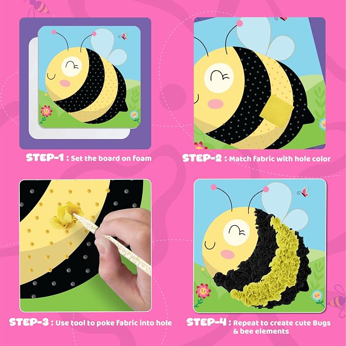 jackinthebox Poke Art Bugs Craft Kit for Kids, Girls, Toys, Gifts, Ages 4-8 | 1400 fabric pieces, fun bees project activities, birthday gift for toddler & girl, ages 4 5 6 7 8 9 yr old, flower pressing