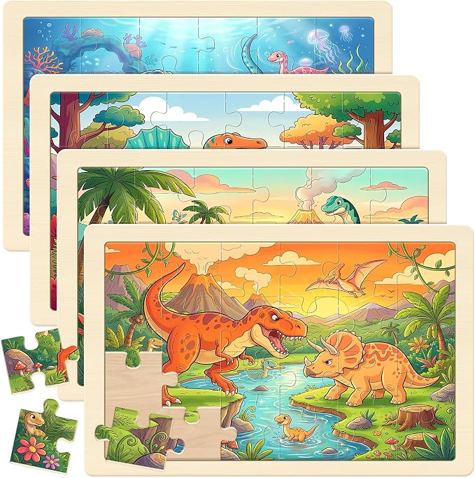 Puzzles for Kids Ages 4-6, 4-Pack 24-Piece Wooden Kids Puzzles | Dinosaur Adventure Themes | Educational Puzzles for Kids Ages 3-5, Age-Appropriate Learning Toys, Ages 3+