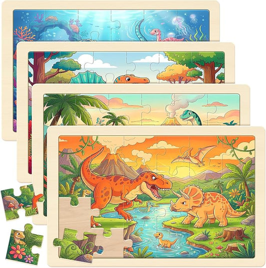 Puzzles for Kids Ages 4-6, 4-Pack 24-Piece Wooden Kids Puzzles | Dinosaur Adventure Themes | Educational Puzzles for Kids Ages 3-5, Age-Appropriate Learning Toys, Ages 3+