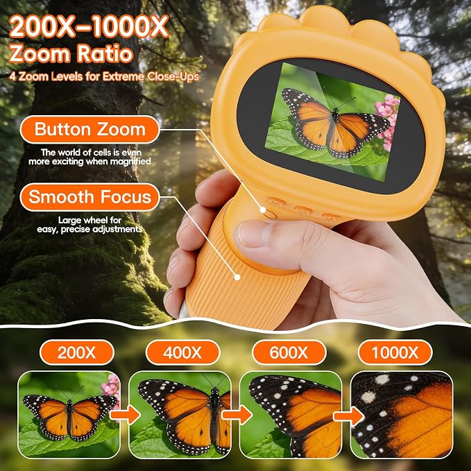 SEEKID Digital Microscope for Kids 200-1000X, Science Kit Gift(Yellow) | Handheld STEM Toy with 2" IPS Screen, 4K Camera Video Record for Girls Boys Child Birthday Gifts