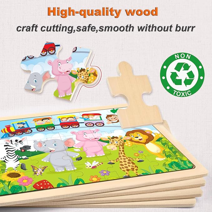 Wooden Jigsaw Puzzles for Kids Ages 4-6, 4-Pack 24-Piece Puzzles Toy | Wood Puzzles Set, Toddler Brain Teaser Toys, Gifts for Boys Girls Ages 3 4 5 6