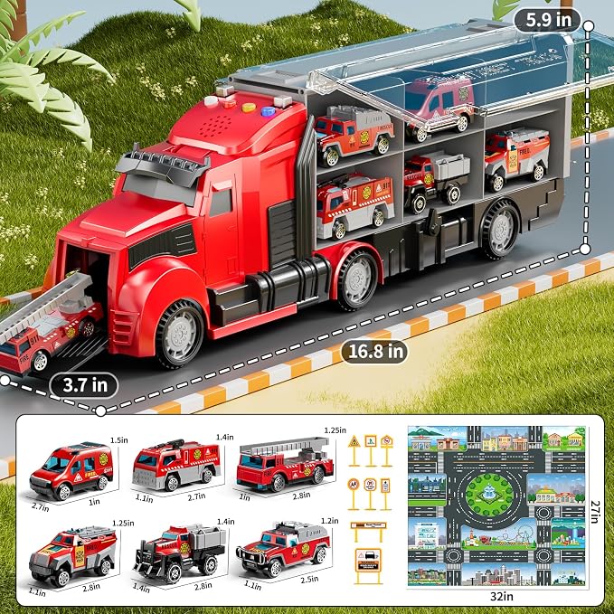 NIPLOOOW Fire Trucks Toy Set with Play Mat, Carrier Truck Play Vehicles Set for 3 4 5 6 Years Old Boys Kids, Die-Cast Car Toy for Toddlers 3-4 Years, Birthday Gifts Toys for 3-9 Year Old Boys