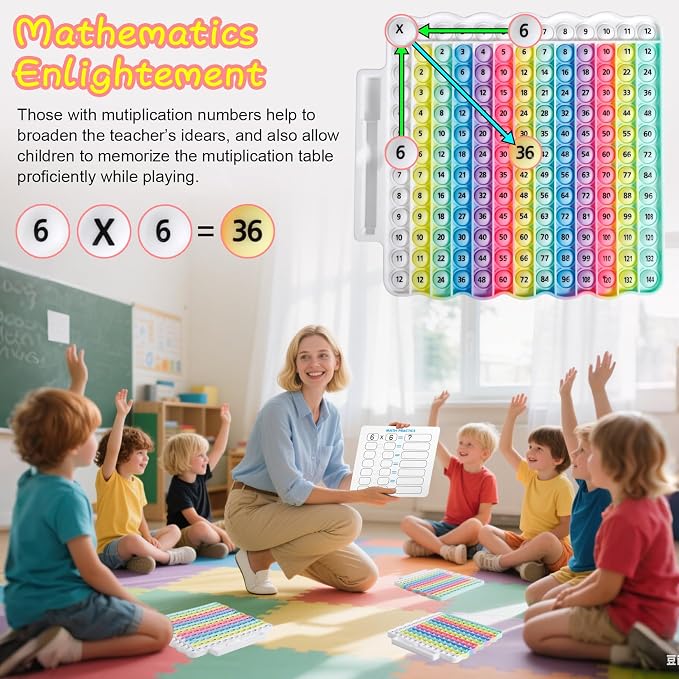 e4 Pop Multiplication Table Game Learning Toy Educational Math Game with Marker, Rainbow Colors Math Multiplication pop 12x12 boardmultiplication Flash Cards 3rd Grade Addition Stress Toy