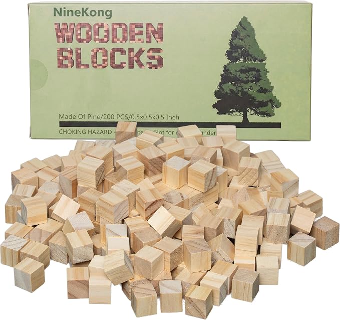 Ninekong 200 Pack Small Wood Cubes 0.5 Inch - Bulk Unfinished Wooden Squares for Mosaics, Architectural Modeling, Puzzle Making & Rustic Home Decor Projects
