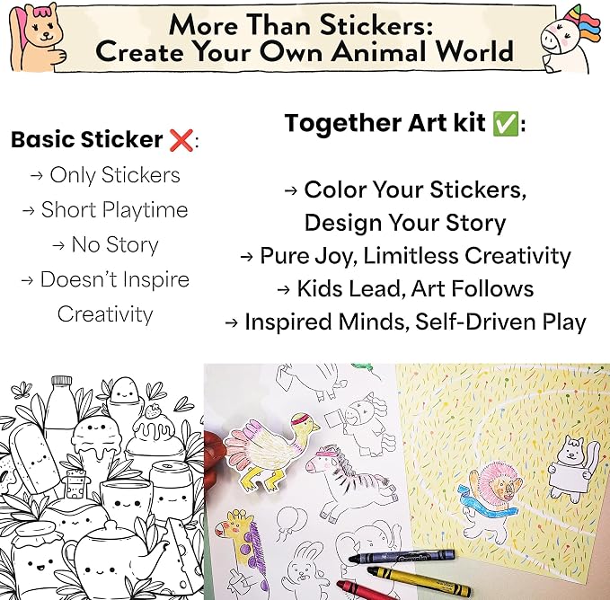 Animal World DIY Coloring Stickers for Kids - Arts and Crafts Kit, Color Your Own Sticker Set, Road Trip Travel Activity, Storytelling Craft Kits Birthday Gift for Girls, Boys Ages 3-10+