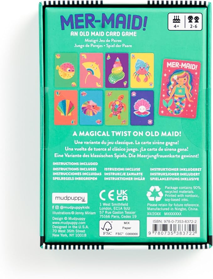 Mudpuppy - Mer-Maid! Card Games for Kids | Ages 4+, Kids Version of Old Maid, Ideal for 3-4 Players, Mermaid Themed, Family Fun, Screen-Free Play, FSC Certified