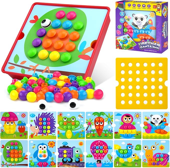 AluAbi Large Button Art Toy for Toddlers, Mosaic Peg Board, Ages 3+ | 12 picture cards and 46 colorful buttons; 10 x 10-inch color matching board with 1.4-inch pieces for fine motor play