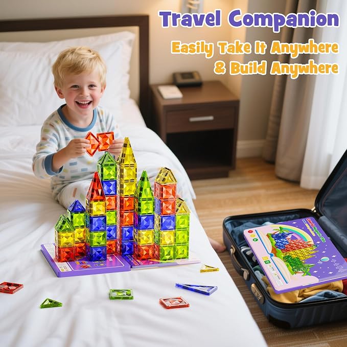 WMXDU Travel Magnetic Tiles Set: Tablet-Light, Group Play for Girls 3-8 | 60-Piece Travel Set, Keeps Girls Engaged in Group Play for 60+ Minutes in Cars/Planes Iron-Box Storage