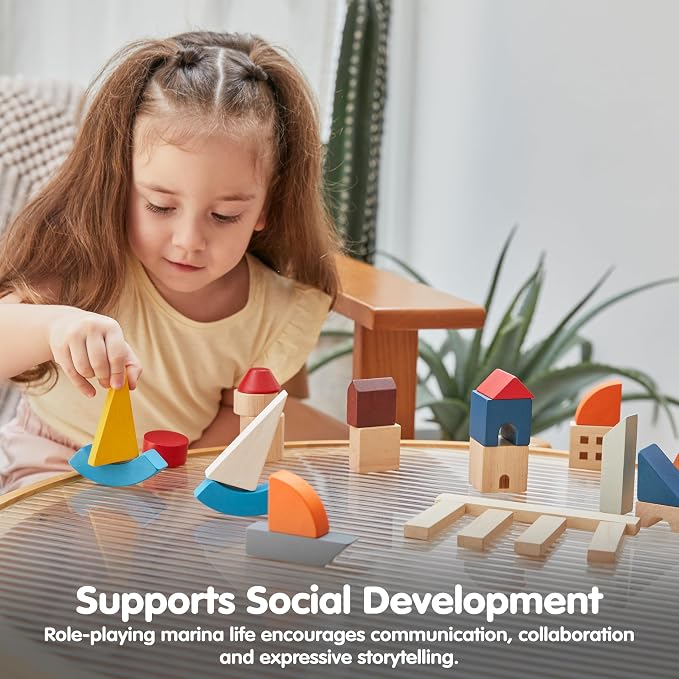 PlanToys® Marina Blocks Wooden Montessori Building & Creative Kids Play Set | shapes, boats, construction toys, sorting & stacking toys, girls, boys, spatial STEM fine motor imaginative gift preschool