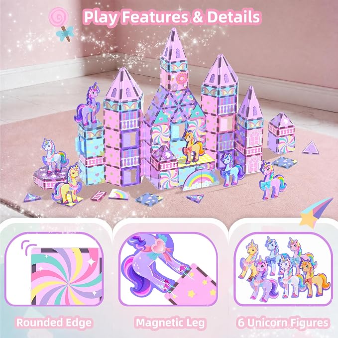 GobiDex 100PCS Unicorn Magnetic Tiles with 6 Unicorns | Princess Castle Unicorn Toys for Girls Age 4-6, STEM Magnetic Blocks Building Toys for 3 4 5 6 Year Old Girl Birthday Gifts