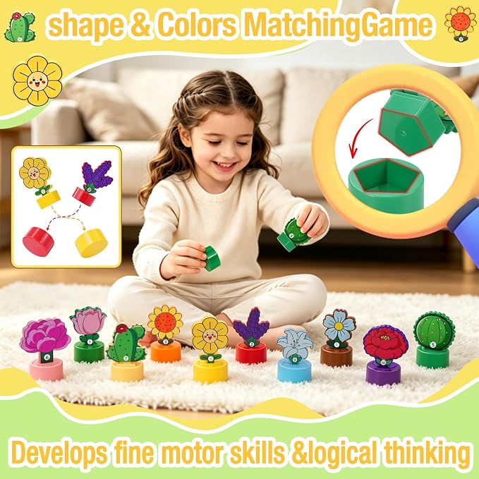 TSYAN Montessori STEM Toys Gift for Toddlers, Bloomy Flora Shape Color Number Sorting Matching Game, Educational Fine Motor Skills Learning Flower Blocks with Storage Tube for Boys Girls 2-4 Year Old