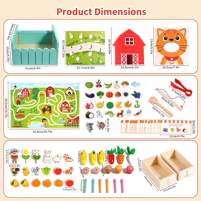 INIFEIDALA Montessori Farm Learning Game for Toddlers 3-5 | Wooden Activity Board,Challenge Cards,Fine Motor Skills,Sorting & Letter Matching,Screen-Free Educational Toy