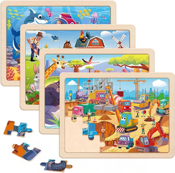 Wooden Puzzles for Kids Ages 4-6, 4 Packs 24 Pcs Wooden Jigsaw Puzzles for Toddlers Ages 3-5, Preschool Educational Puzzle Toys Gifts for 3 4 5 6 Boys Girls