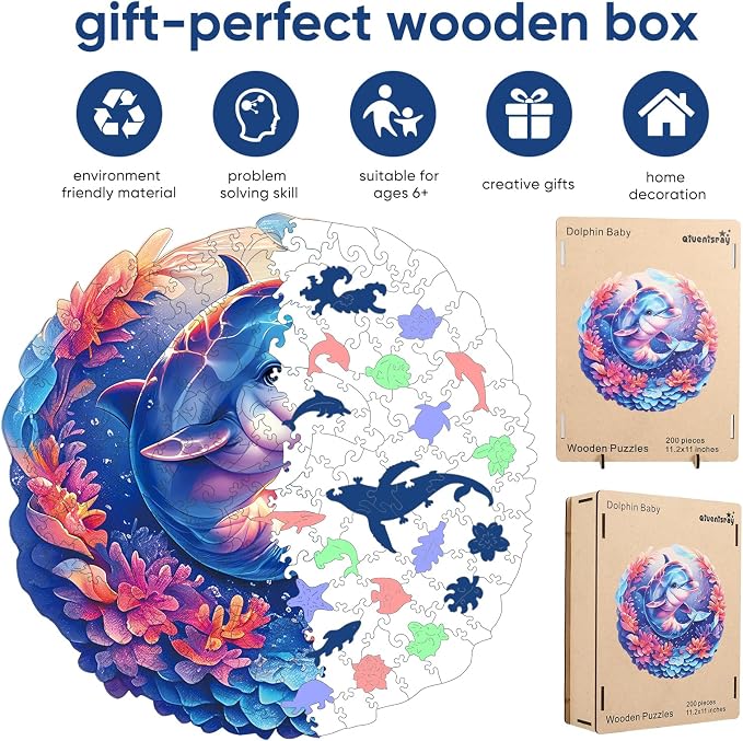 Qiuenisray Wooden Puzzles for Adult, Dolphin Baby Jigsaw Puzzles 200 Pieces | FSC Certified Unique Ocean Adult Puzzles, Wood Puzzles Creative Gift for Family Game 11.2x11.2 in