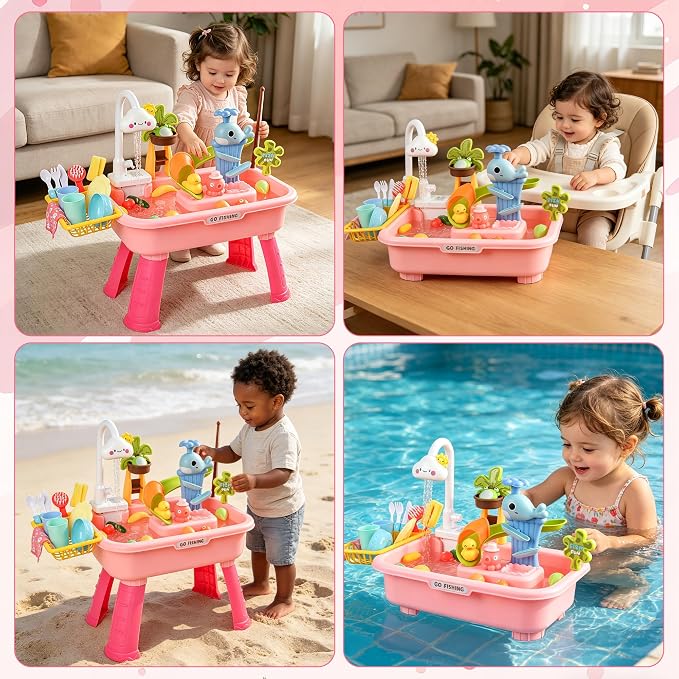 2027 Upgraded 4-in-1 Water Table for Toddlers 1-3, Kids Sensory Table with Electric Water Pump & Faucet, Kitchen Play Sink Toys with Food Accessories, Fishing Toy