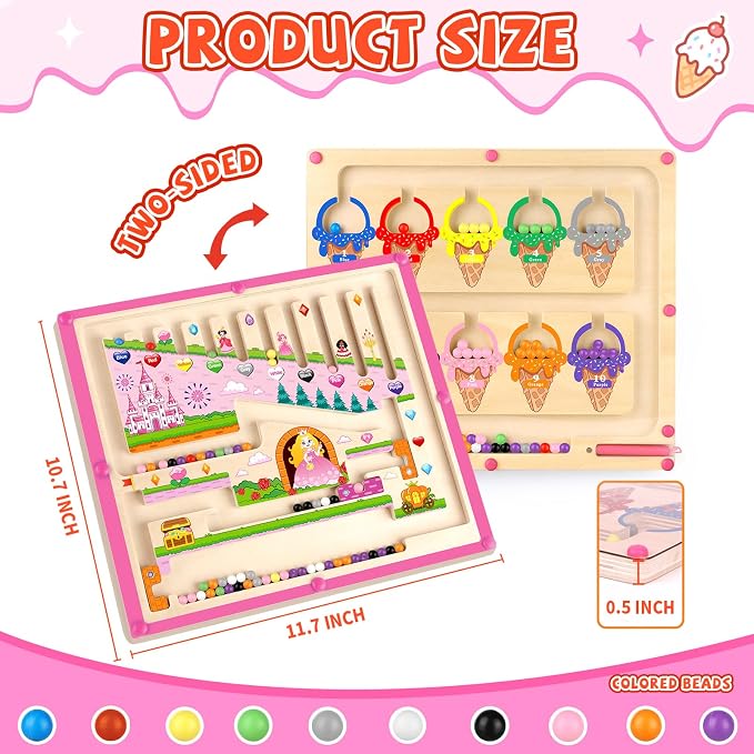 wakeInsa 2 in 1 Magnetic Color and Number Maze,Montessori Toy for Toddler Girls,Wooden Magnet Balls Puzzles,Toddler Busy Board Game,Preschool Learning Activities (Princess & Ice Cream)