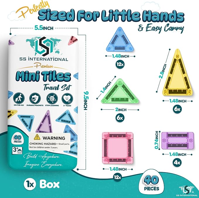 40 PCS Mini Magnetic Tiles Travel Set with Premium Metal Storage Case | Travel magnetic tiles designed for ages 3+ keep kids entertained during road trips, flights and family vacations.