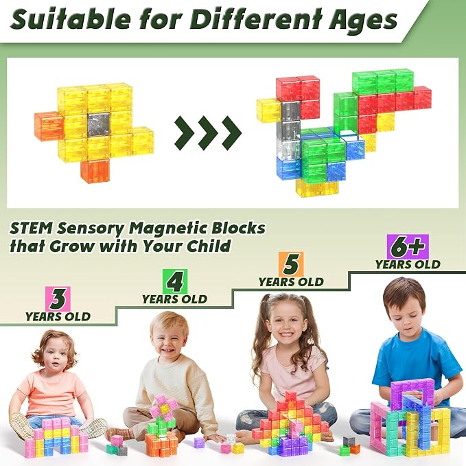 Magnetic Blocks Building Toys Gifts for Kids Aged 3+ Year Old Boys Girls | Transparent, PP Plastic,1 inch, 64PCS