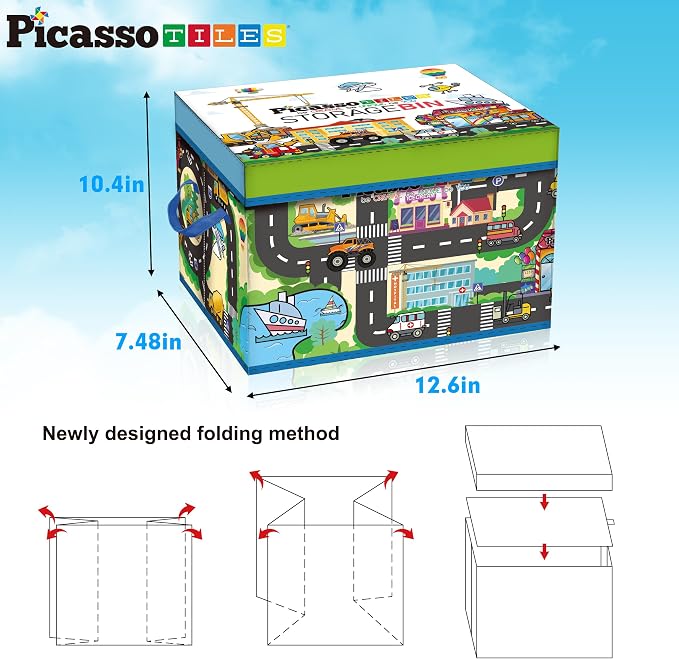 PicassoTiles Magnet Tile Toy Organizer Foldable City Theme Storage Bin Box with Lid and Handles Magnetic Tiles Building Blocks STEM Educational Pretend Play Playroom Toys Toddler Kids Ages 3 Up PTA33