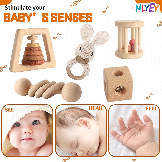 Wooden Toys for Babies, 7PCS Wooden Baby Rattle for 7-24 Months Boys Girls, Natural Wood Montessori Toys Set with Crochet Rabbit Rattle for Infant Grasping, Gift for Baby