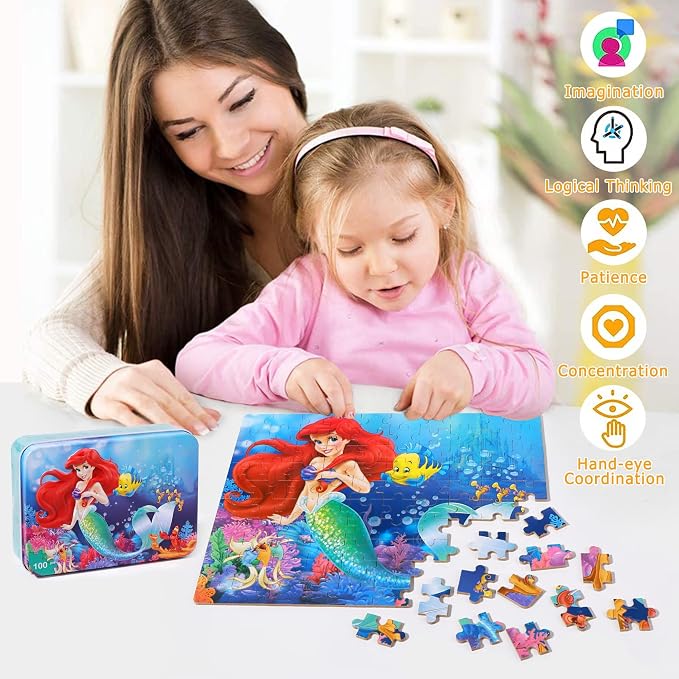 LELEMON Pretty Puzzles for Kids Ages 4-6,100 Piece Puzzles for Kids Ages 4-8,Educational Jigsaw Puzzles in a Metal Box,Childrens 100 Piece Puzzle Games Puzzle Toys for Girls and Boys | Educational Kids Puzzles Jigsaw Puzzles for Kids Ages 6-8,Childrens...