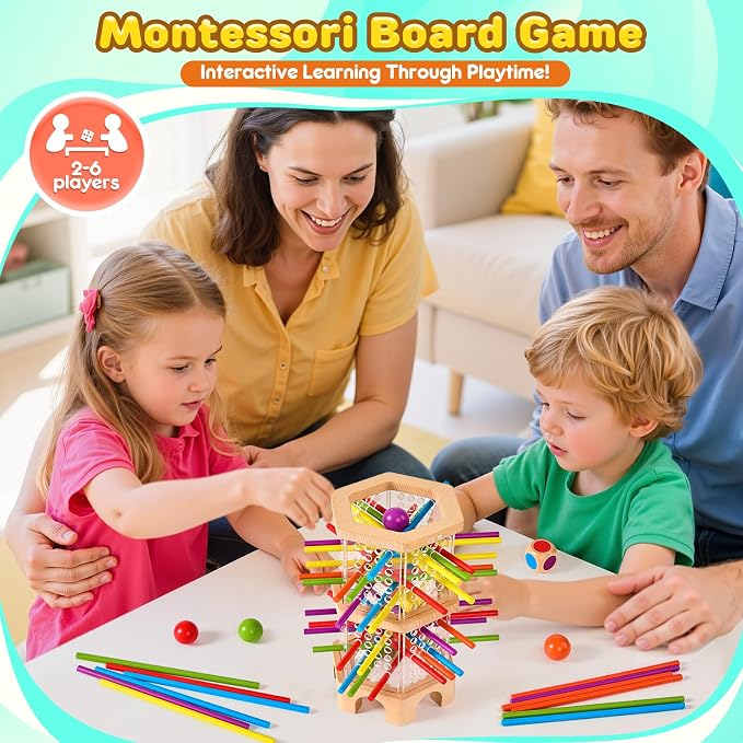 Montessori Wooden Board Game with 42 Sticks & Dice for Kids Ages 3-6 | Math Learning Toys Fine Motor Skills & Counting Educational Toy, Family Travel Game Birthday Gifts for Boys Girls