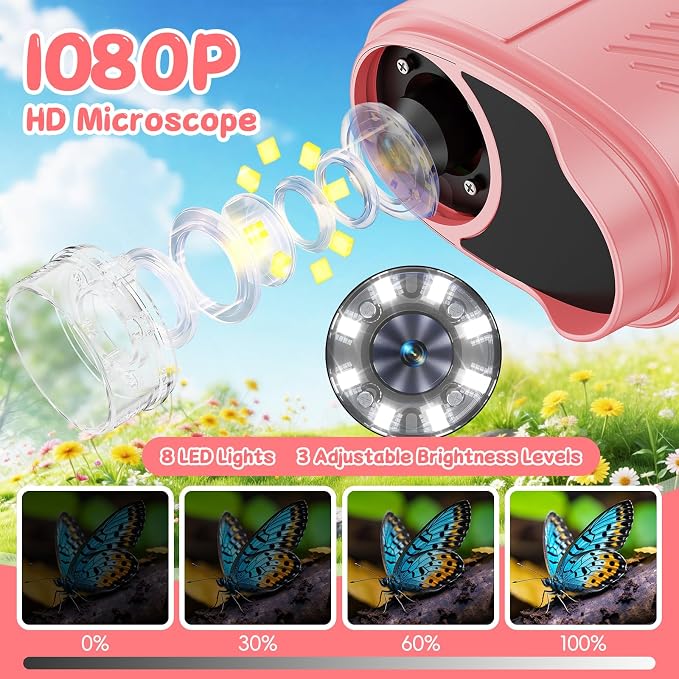 SEEKID Kids Microscope,1000X Handheld Digital Microscope (Pink) | 2.4" IPS Screen | Rechargeable Handheld | 8 LED Lights | STEM Toy for Exploring Science | Ages 5–12
