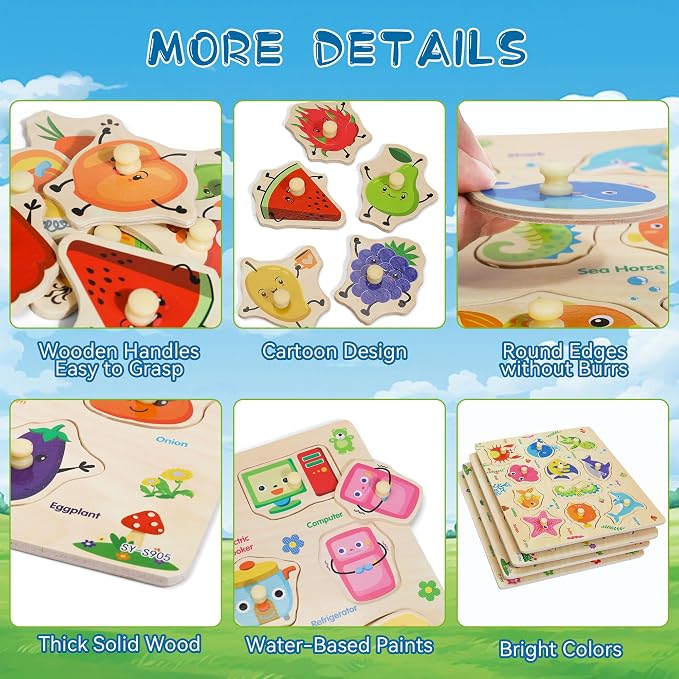 Melofaver 4 PCS Wooden Peg Puzzles for Toddlers, Montessori Kids Puzzle | 4 PCS Toddler Puzzles Set-Fruits, Sea Animals, Home Appliances, Vegetables, Learninng Toys Gift for 3 4 5 Years Boys Girls