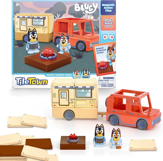 Tile Town Bluey Heeler Camper Magnetic Tile Set, 13 Pieces | Includes Bluey & Bingo figures, action tile; STEM building toy for kids ages 3+