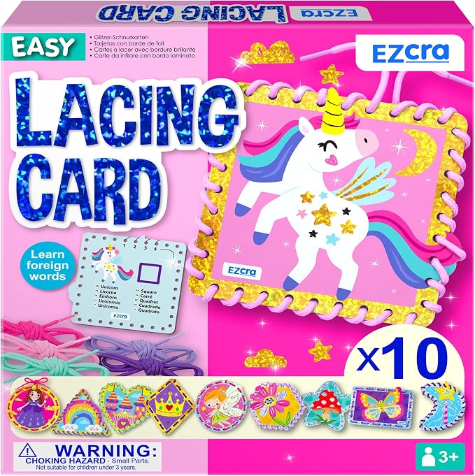 EZCRA Premium Lacing Cards for Kids Ages 3-6 | 10 Double-Sided Unicorn and Fairy Sewing Cards with Multilingual Learning | Durable Cardboard Fine Motor Skills Educational Activity