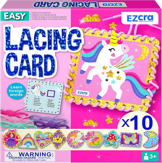 EZCRA Premium Lacing Cards for Kids Ages 3-6 | 10 Double-Sided Unicorn and Fairy Sewing Cards with Multilingual Learning | Durable Cardboard Fine Motor Skills Educational Activity